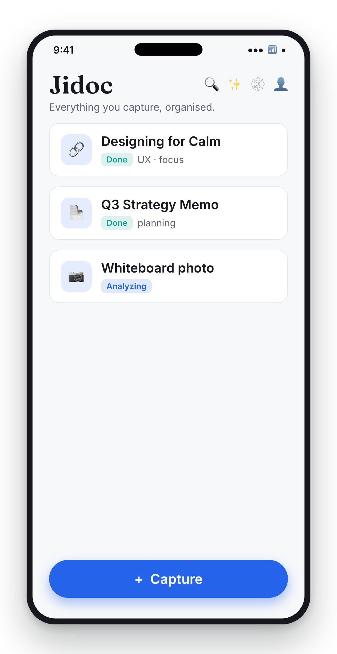 The Jidoc app home screen on iPhone, showing a library of captured documents with AI status